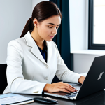 A focused professional woman, dressed in a modest business casual outfit, sitting comfortably at a sleek, minimalist desk in a bright, modern office. She is looking at a laptop screen displaying a clean, intuitive user interface with various icons representing system optimization and file cleanup tools. The desk is tidy, reflecting an organized approach to digital efficiency.
    *   **Safety Terms:** fully clothed, modest clothing, appropriate attire, professional dress, safe for work, appropriate content, family-friendly.
    *   **Anatomy Terms:** perfect anatomy, correct proportions, natural pose, well-formed hands, proper finger count, natural body proportions.
    *   **Quality Modifiers:** professional photography, high resolution, sharp focus, clean aesthetic, clear details.