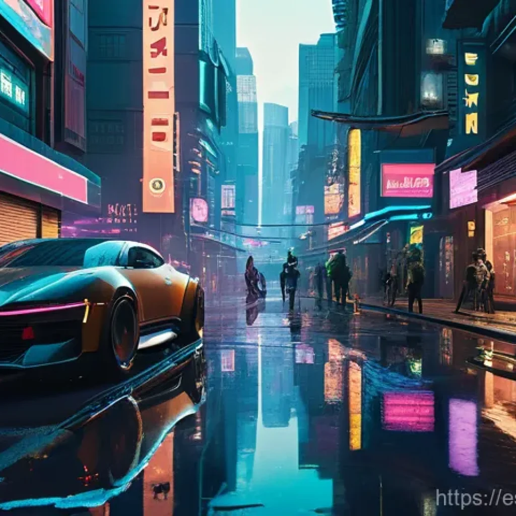 레이 트레이싱이 게임에 미치는 영향 - **A highly detailed, cinematic shot of a bustling futuristic city street at dusk, heavily influenced...