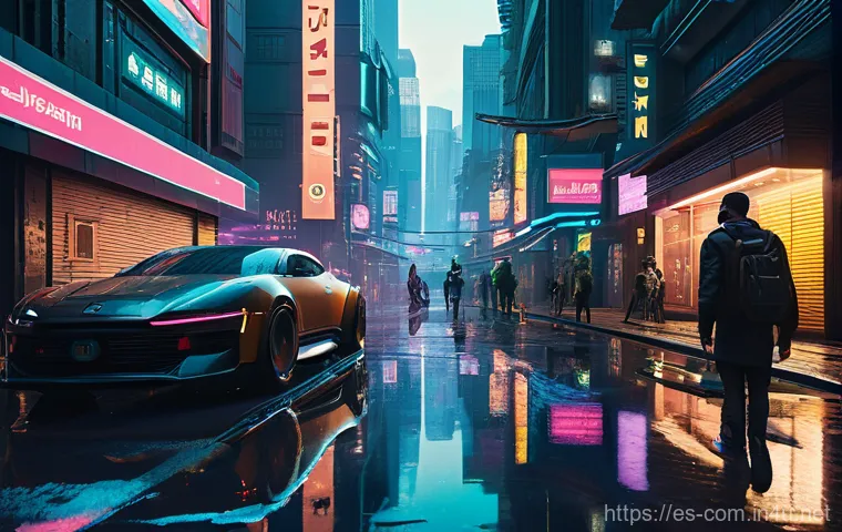 레이 트레이싱이 게임에 미치는 영향 - **A highly detailed, cinematic shot of a bustling futuristic city street at dusk, heavily influenced...