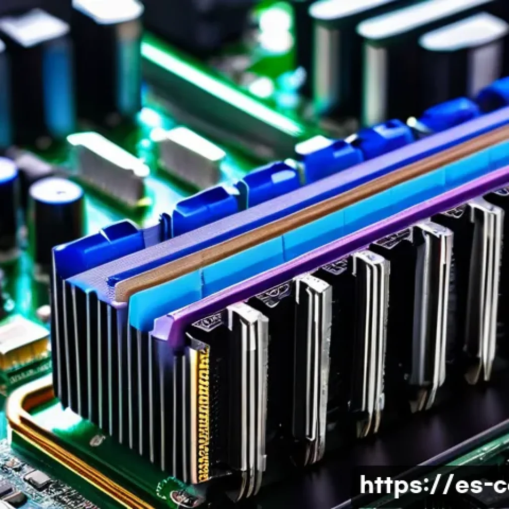 데스크톱 메모리와 노트북 메모리 차이 - A detailed close-up of a desktop computer’s motherboard featuring large DIMM memory modules installe...