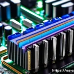 데스크톱 메모리와 노트북 메모리 차이 - A detailed close-up of a desktop computer’s motherboard featuring large DIMM memory modules installe...