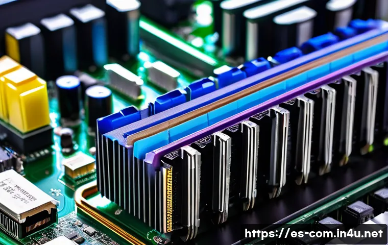 데스크톱 메모리와 노트북 메모리 차이 - A detailed close-up of a desktop computer’s motherboard featuring large DIMM memory modules installe...