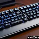 키보드 스위치 종류와 특징 - A close-up, hyper-realistic image of a modern mechanical keyboard with linear switches being pressed...