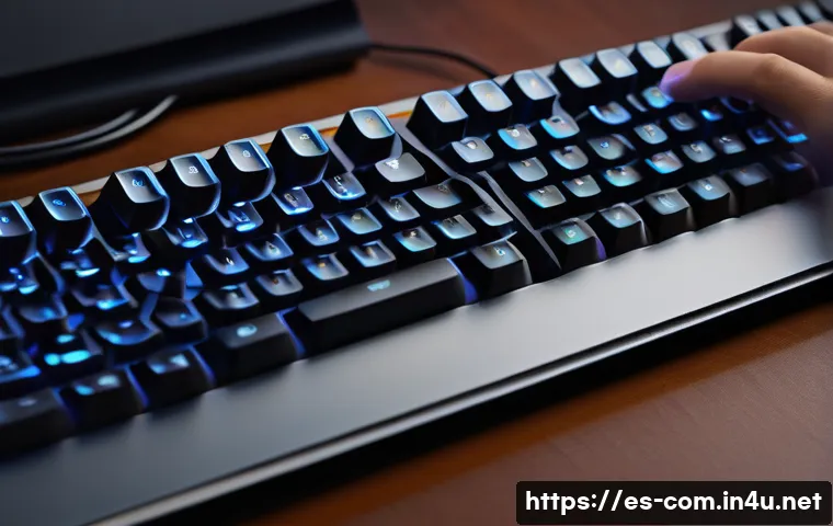 키보드 스위치 종류와 특징 - A close-up, hyper-realistic image of a modern mechanical keyboard with linear switches being pressed...