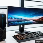 작업용 고성능 데스크톱 구성 - A modern professional workspace featuring a high-performance desktop PC with an open computer case s...