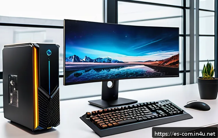 작업용 고성능 데스크톱 구성 - A modern professional workspace featuring a high-performance desktop PC with an open computer case s...